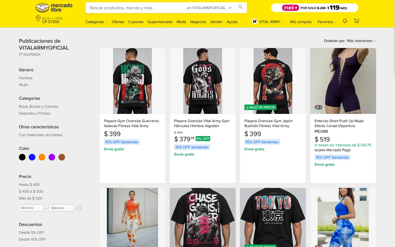 Vista de las publicaciones de Vital Army en Mercado Libre