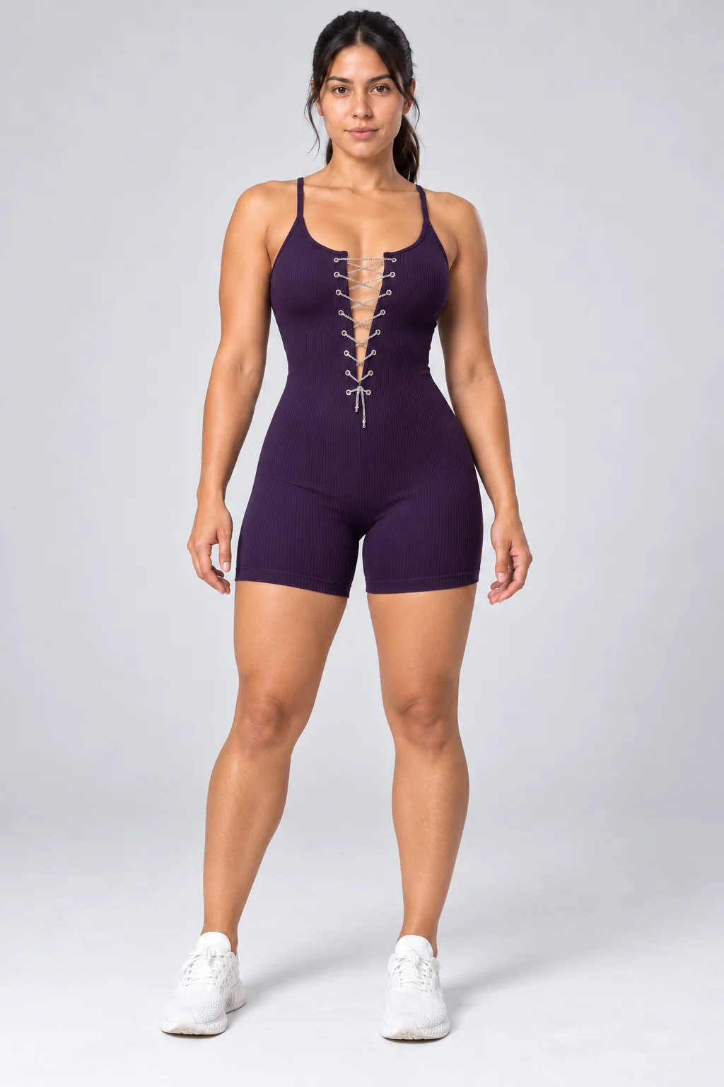 Enterizo Short Push Up Mujer Efecto Corset Deportivo Morado — fotografía 1